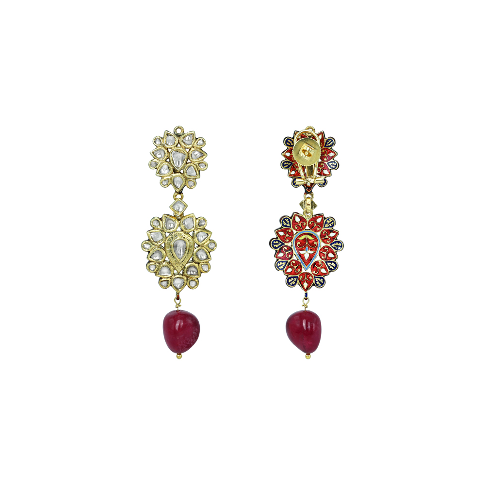 Dual Floral Polki Earrings with Tourmaline Drops